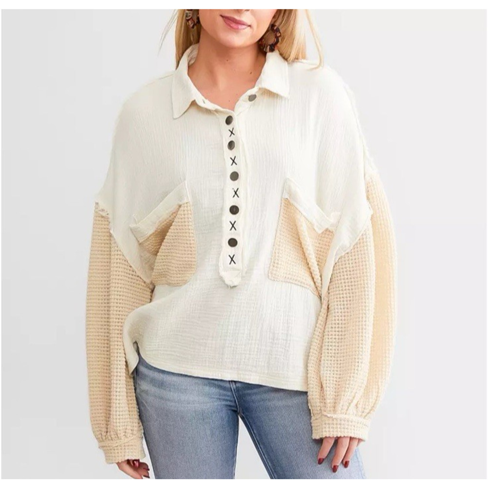 POL‎ Waffle Thermal Henley Top Womens Sz L Patchwork Oversized Cotton Boho Cream